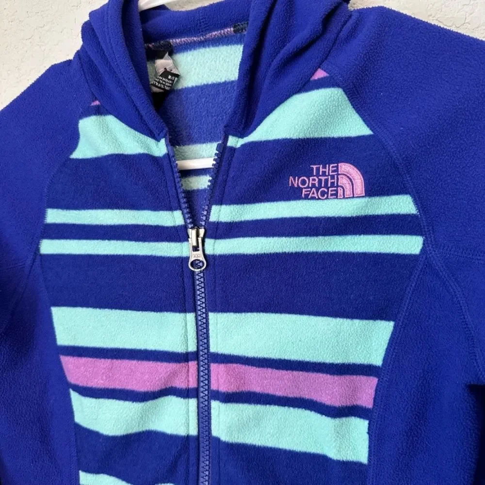 The North Face Girls Blue Purple Stripe Full Zip Fleece Hooded Jacket - Size M